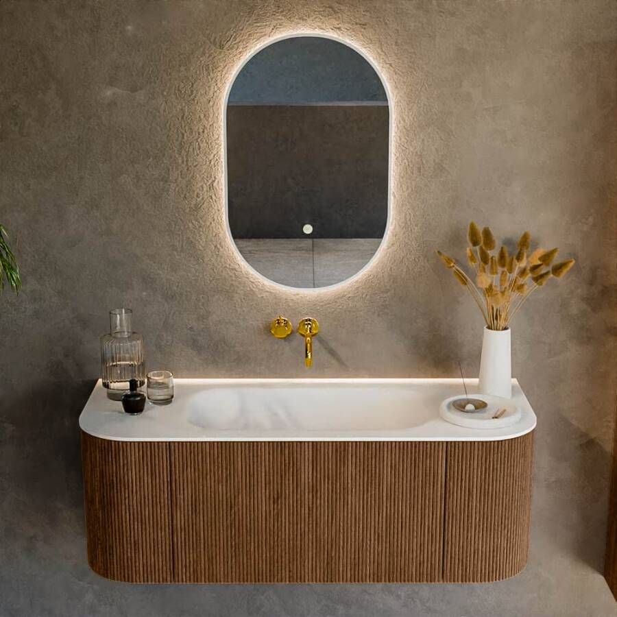 Mondiaz Badmeubel Kurve | 120 cm | Meubelkleur Walnut | Wastafelkleur Talc | Midden spoelbak | Zonder kraangaten
