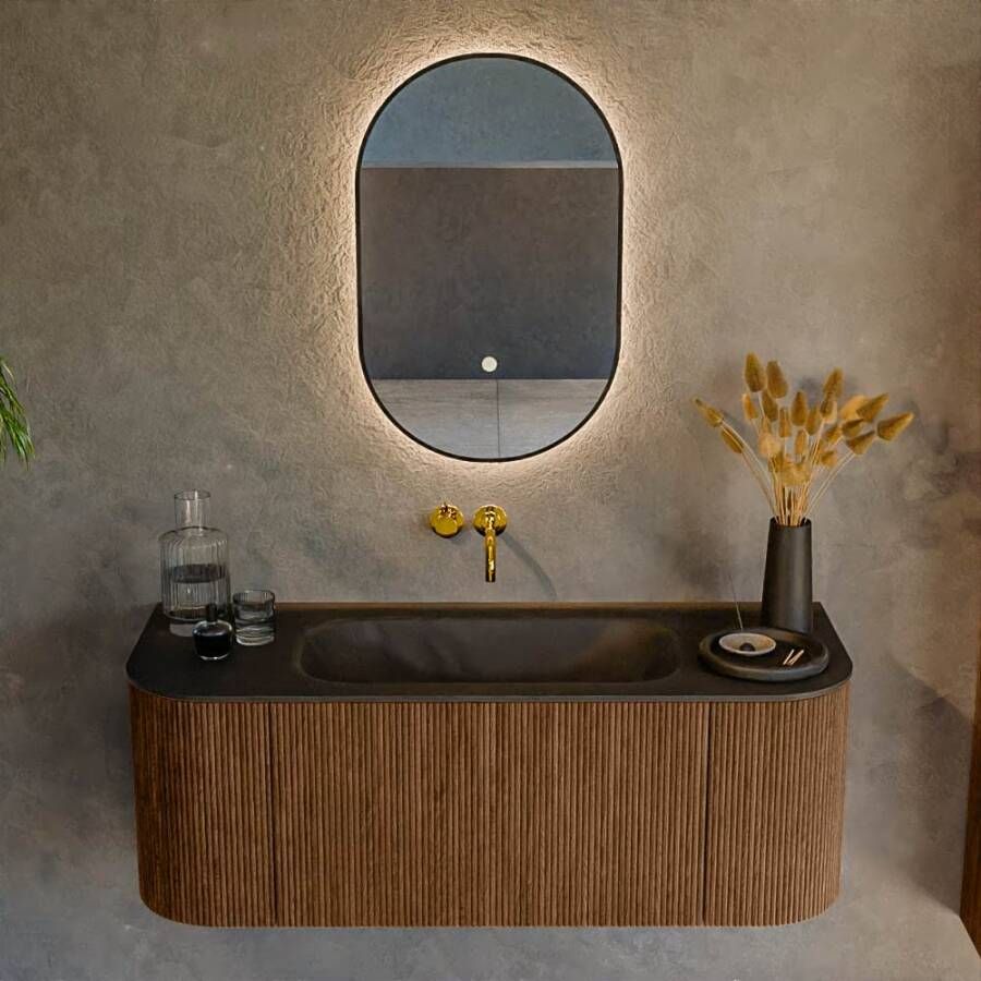Mondiaz Badmeubel Kurve | 120 cm | Meubelkleur Walnut | Wastafelkleur Urban | Midden spoelbak | Zonder kraangaten