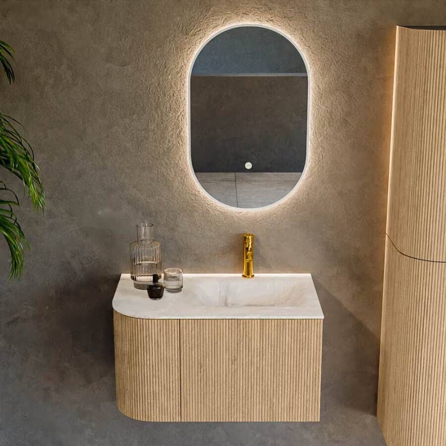 Mondiaz Badmeubel Kurve-Dlux | 75 cm | Meubelkleur Oak | Wastafelkleur Frappe | Solid surface | Rechts spoelbak | 1 kraangat