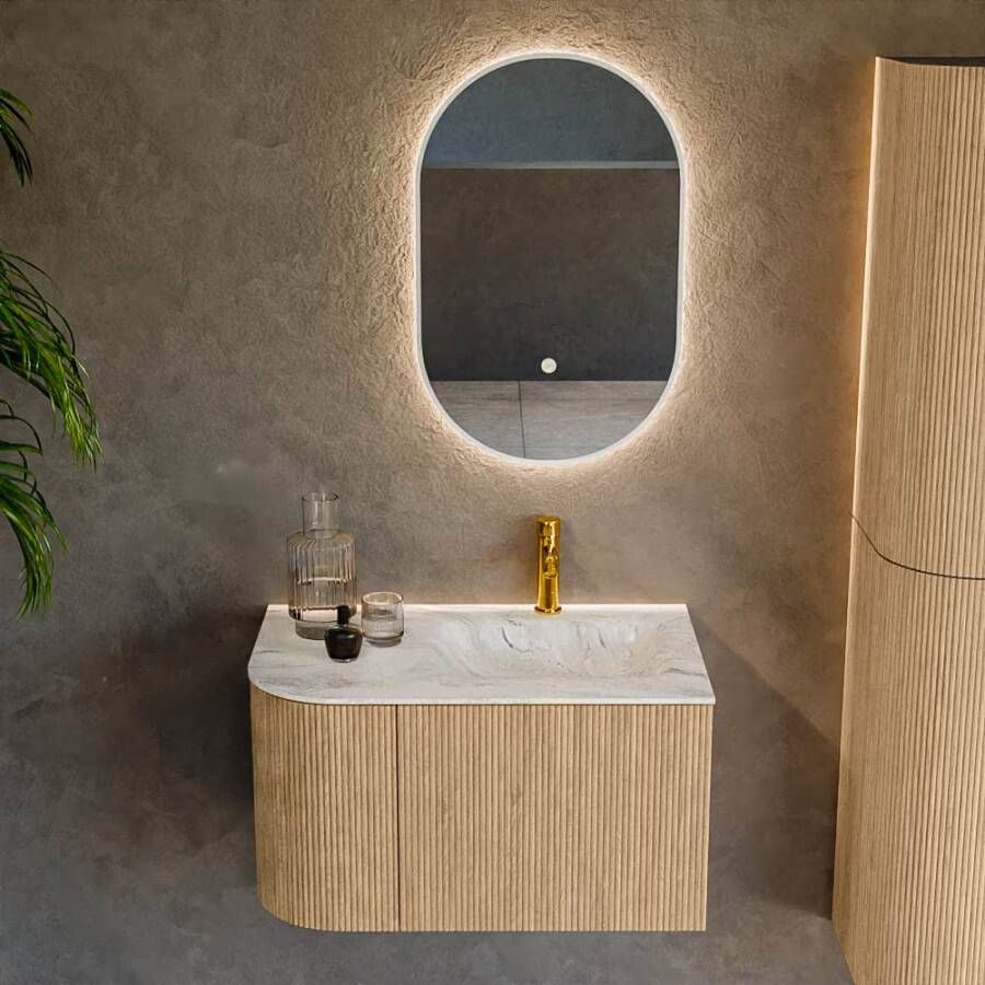 Mondiaz Badmeubel Kurve-Dlux | 75 cm | Meubelkleur Oak | Wastafelkleur Glace | Solid surface | Rechts spoelbak | 1 kraangat