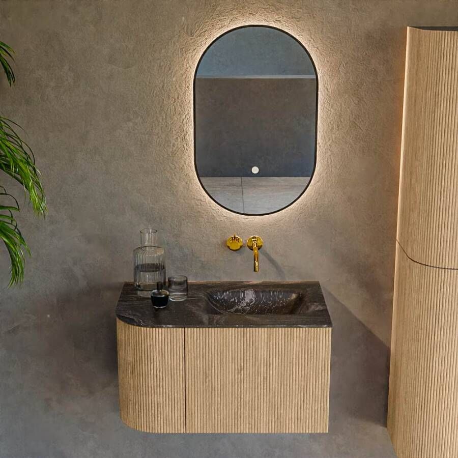 Mondiaz Badmeubel Kurve-Dlux | 75 cm | Meubelkleur Oak | Wastafelkleur Lava | Solid surface | Rechts spoelbak | Zonder kraangat(en)