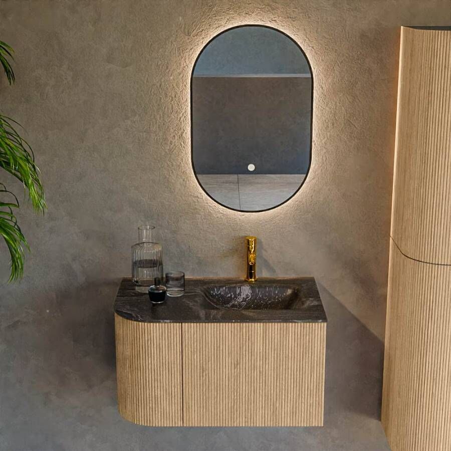 Mondiaz Badmeubel Kurve-Dlux | 75 cm | Meubelkleur Oak | Wastafelkleur Lava | Solid surface | Rechts spoelbak | 1 kraangat