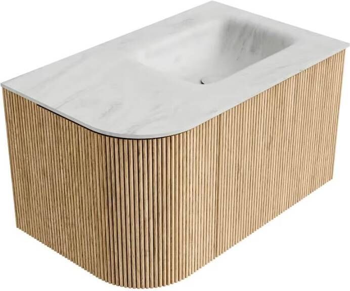 Mondiaz Badmeubel Kurve-Dlux | 75 cm | Meubelkleur Oak | Wastafelkleur Opalo | Solid surface | Rechts spoelbak | 1 kraangat
