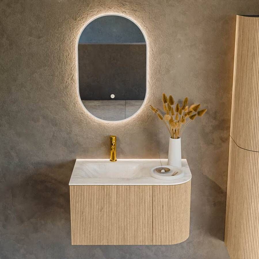 Mondiaz Badmeubel Kurve-Dlux | 75 cm | Meubelkleur Oak | Wastafelkleur Ostra | Solid surface | Links spoelbak | 1 kraangat