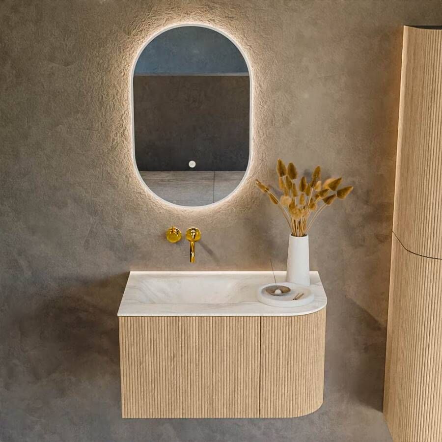 Mondiaz Badmeubel Kurve-Dlux | 75 cm | Meubelkleur Oak | Wastafelkleur Ostra | Solid surface | Links spoelbak | Zonder kraangat(en)