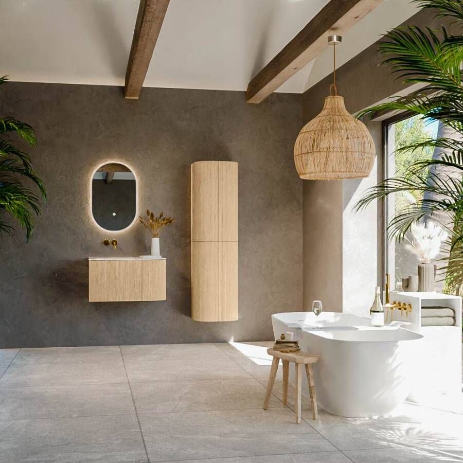 Mondiaz Badmeubel Kurve-Dlux | 75 cm | Meubelkleur Oak | Wastafelkleur Ostra | Solid surface | Links spoelbak | Zonder kraangat(en)