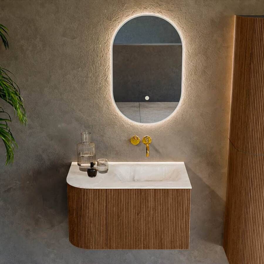 Mondiaz Badmeubel Kurve-Dlux | 75 cm | Meubelkleur Walnut | Wastafelkleur Frappe | Solid surface | Rechts spoelbak | Zonder kraangat(en)