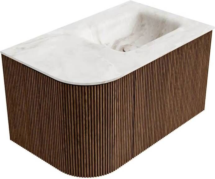 Mondiaz Badmeubel Kurve-Dlux | 75 cm | Meubelkleur Walnut | Wastafelkleur Frappe | Solid surface | Rechts spoelbak | Zonder kraangat(en)