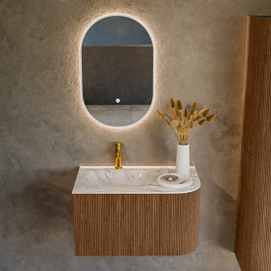 Mondiaz Badmeubel Kurve-Dlux | 75 cm | Meubelkleur Walnut | Wastafelkleur Glace | Solid surface | Links spoelbak | 1 kraangat