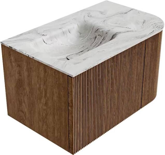 Mondiaz Badmeubel Kurve-Dlux | 75 cm | Meubelkleur Walnut | Wastafelkleur Glace | Solid surface | Links spoelbak | 1 kraangat