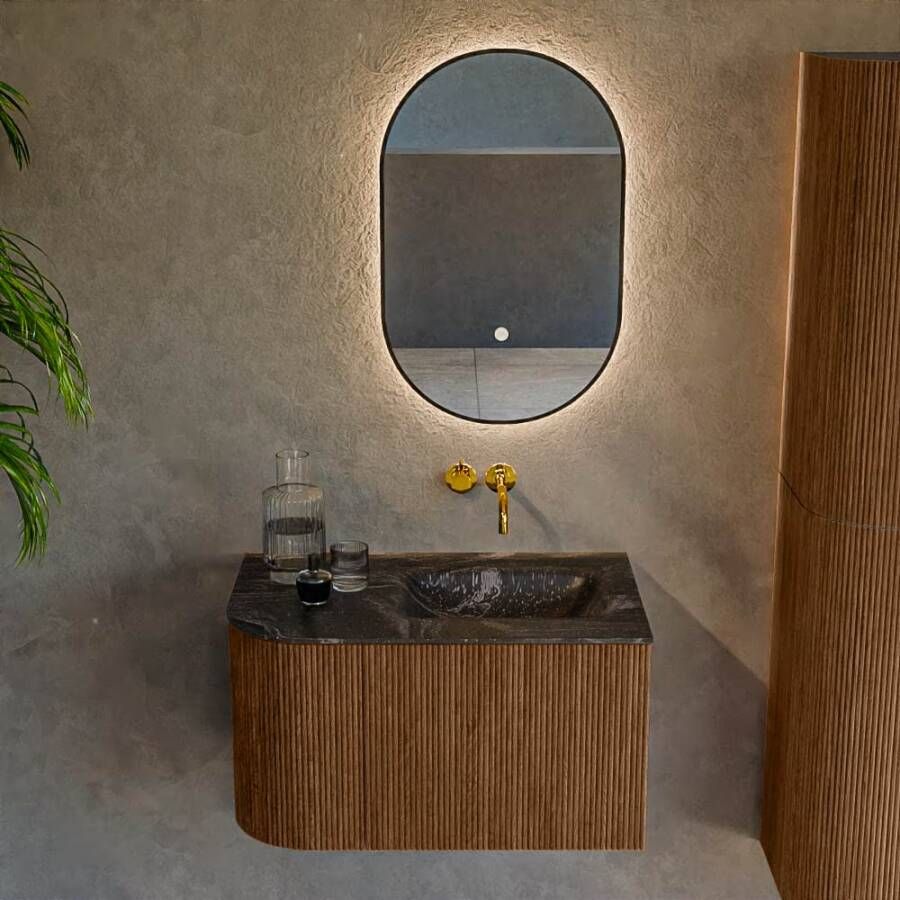 Mondiaz Badmeubel Kurve-Dlux | 75 cm | Meubelkleur Walnut | Wastafelkleur Lava | Solid surface | Rechts spoelbak | Zonder kraangat(en)