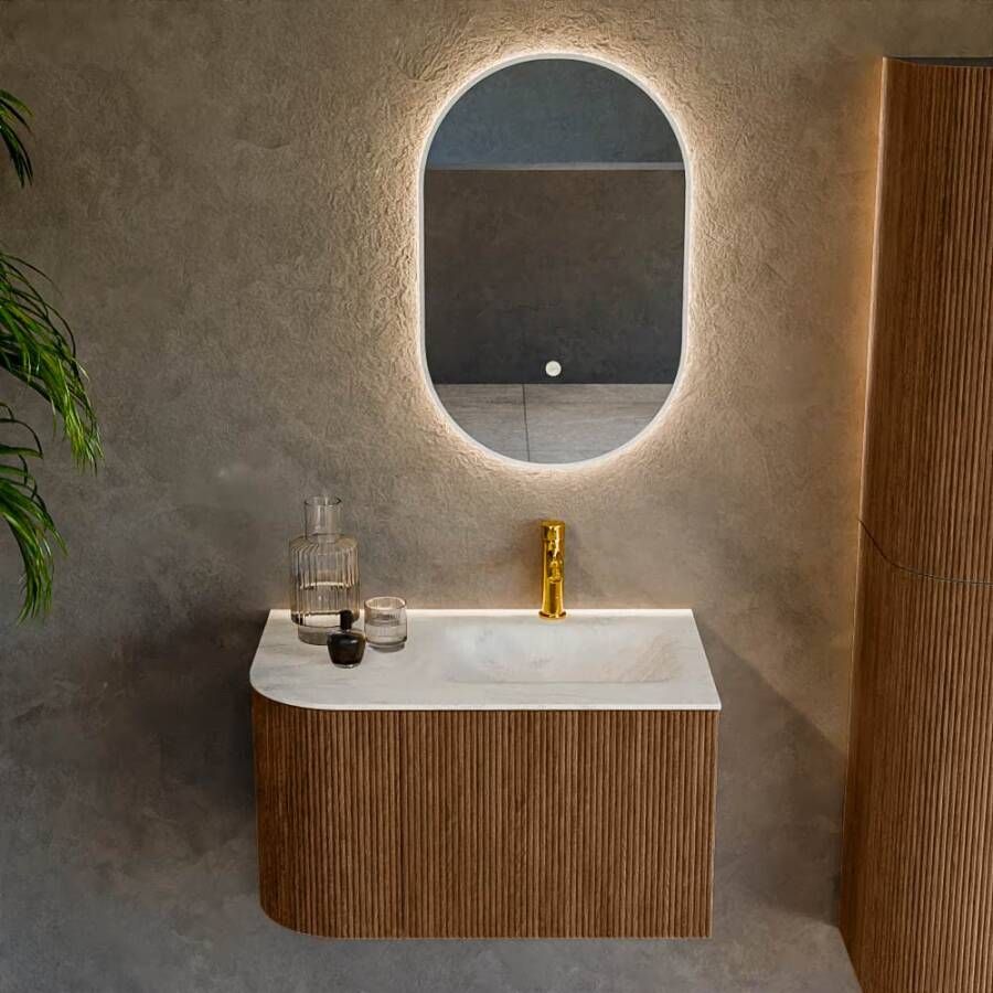 Mondiaz Badmeubel Kurve-Dlux | 75 cm | Meubelkleur Walnut | Wastafelkleur Opalo | Solid surface | Rechts spoelbak | 1 kraangat
