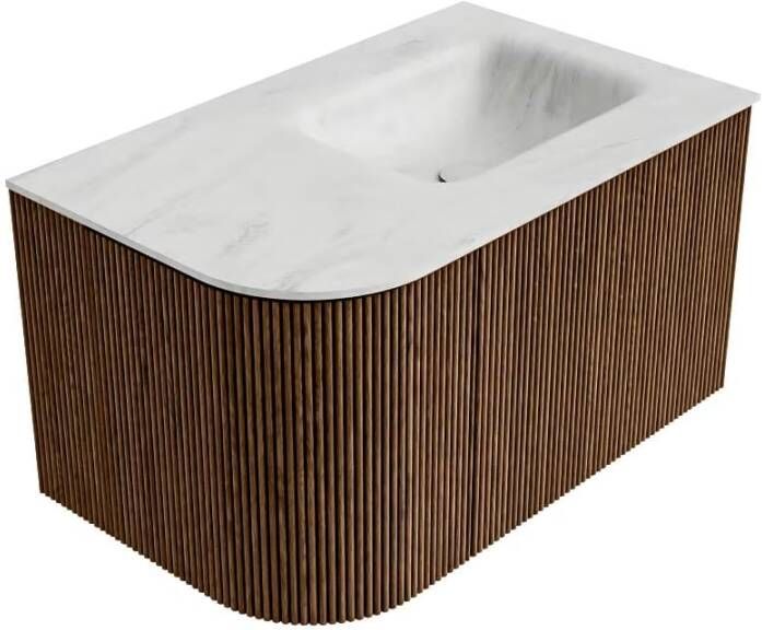 Mondiaz Badmeubel Kurve-Dlux | 75 cm | Meubelkleur Walnut | Wastafelkleur Opalo | Solid surface | Rechts spoelbak | 1 kraangat