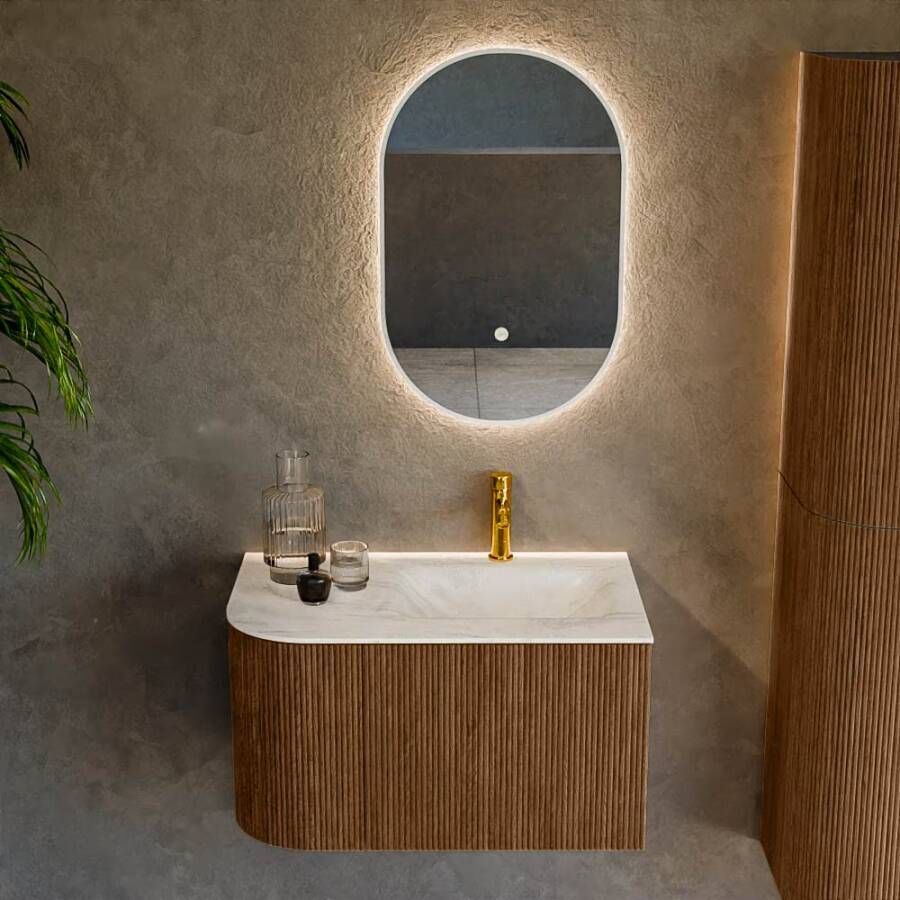 Mondiaz Badmeubel Kurve-Dlux | 75 cm | Meubelkleur Walnut | Wastafelkleur Ostra | Solid surface | Rechts spoelbak | 1 kraangat