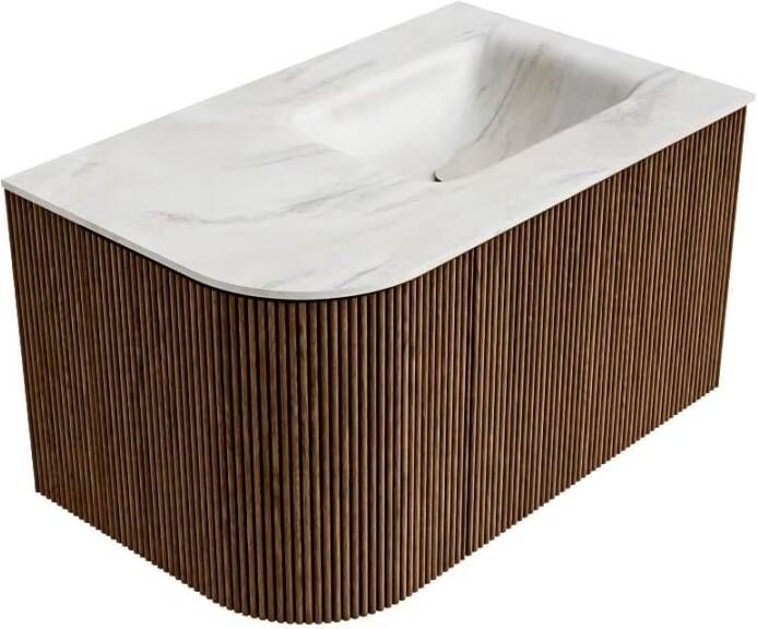 Mondiaz Badmeubel Kurve-Dlux | 75 cm | Meubelkleur Walnut | Wastafelkleur Ostra | Solid surface | Rechts spoelbak | 1 kraangat