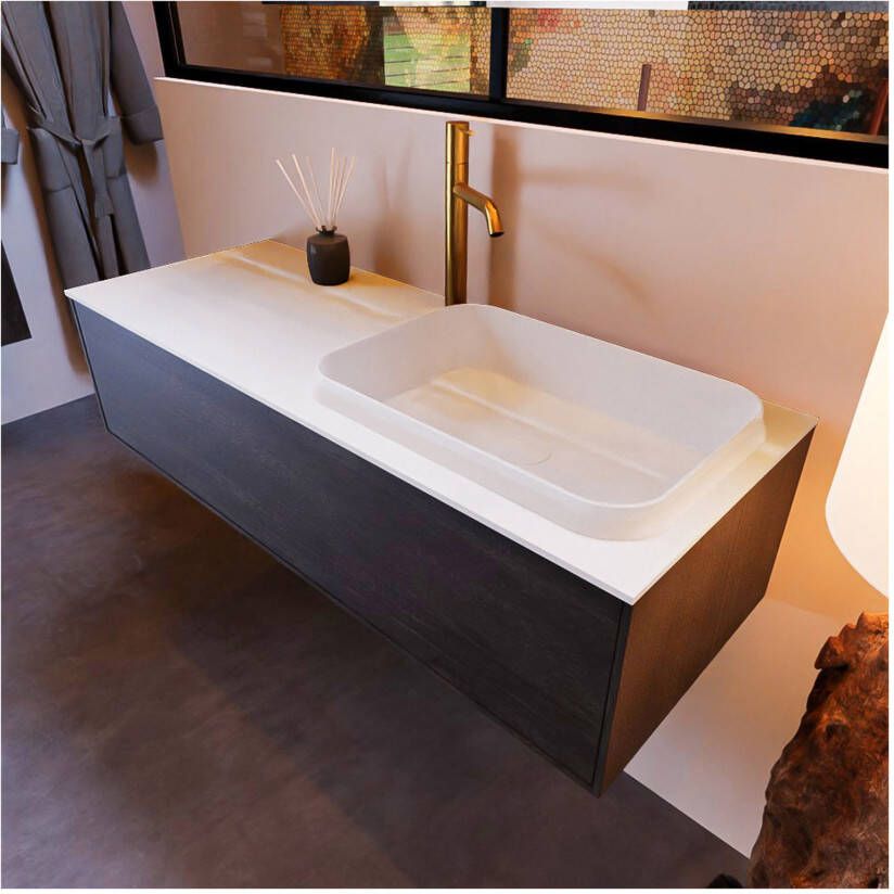 Mondiaz ERIN 120cm badmeubel onderkast donker bruin met 1 lade wastafel rechts 1 kraangat kleur Talc