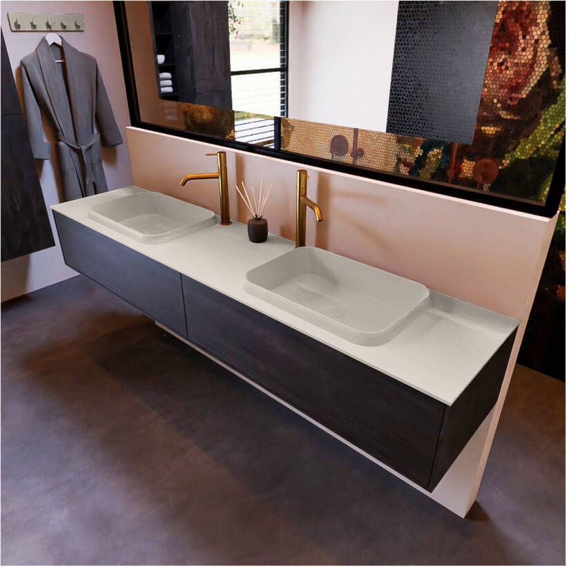 Mondiaz ERIN 200cm badmeubel onderkast donker bruin met 2 lades wastafel dubbel 2 kraangaten kleur Linen