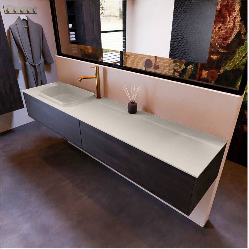 Mondiaz ERIN 200cm badmeubel onderkast donker bruin met 2 lades wastafel links 1 kraangat kleur Linen