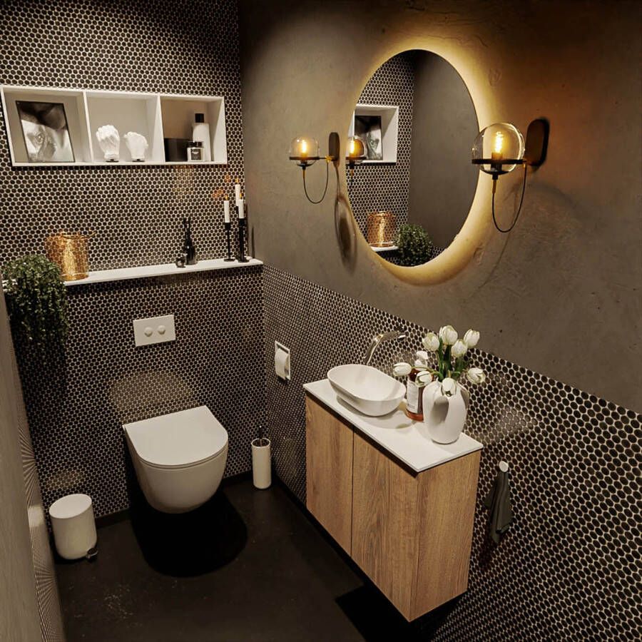 Mondiaz Fowy toiletmeubel 60cm washed oak met blad en waskom talc links zonder kraangat