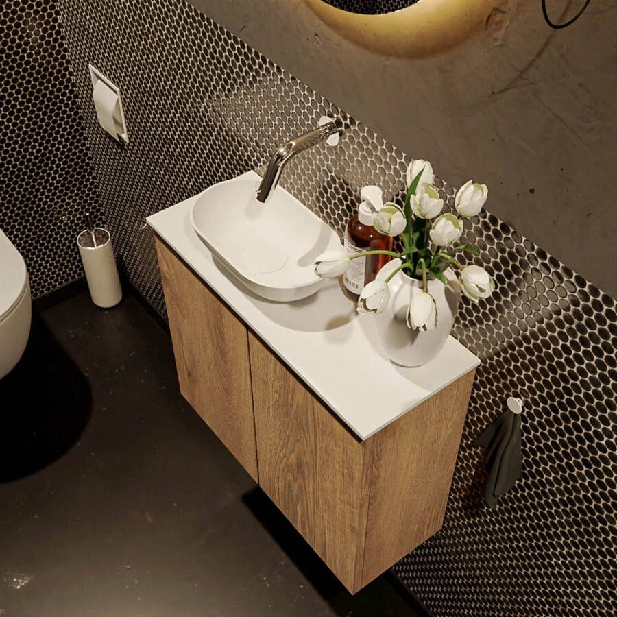 Mondiaz Fowy toiletmeubel 60cm washed oak met blad en waskom talc links zonder kraangat