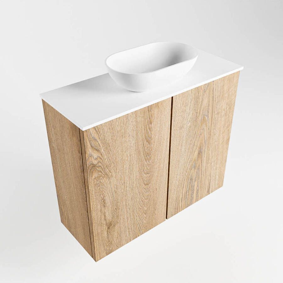 Mondiaz Fowy toiletmeubel 60cm washed oak met blad en waskom talc midden zonder kraangat
