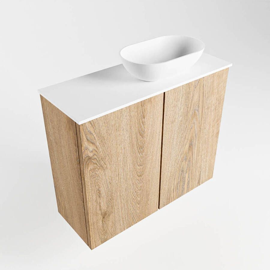 Mondiaz Fowy toiletmeubel 60cm washed oak met blad en waskom talc rechts 1 kraangat