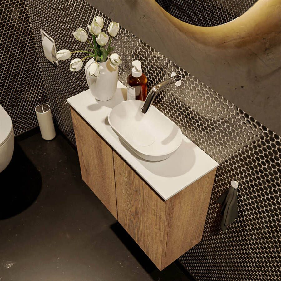 Mondiaz Fowy toiletmeubel 60cm washed oak met blad en waskom talc rechts zonder kraangat