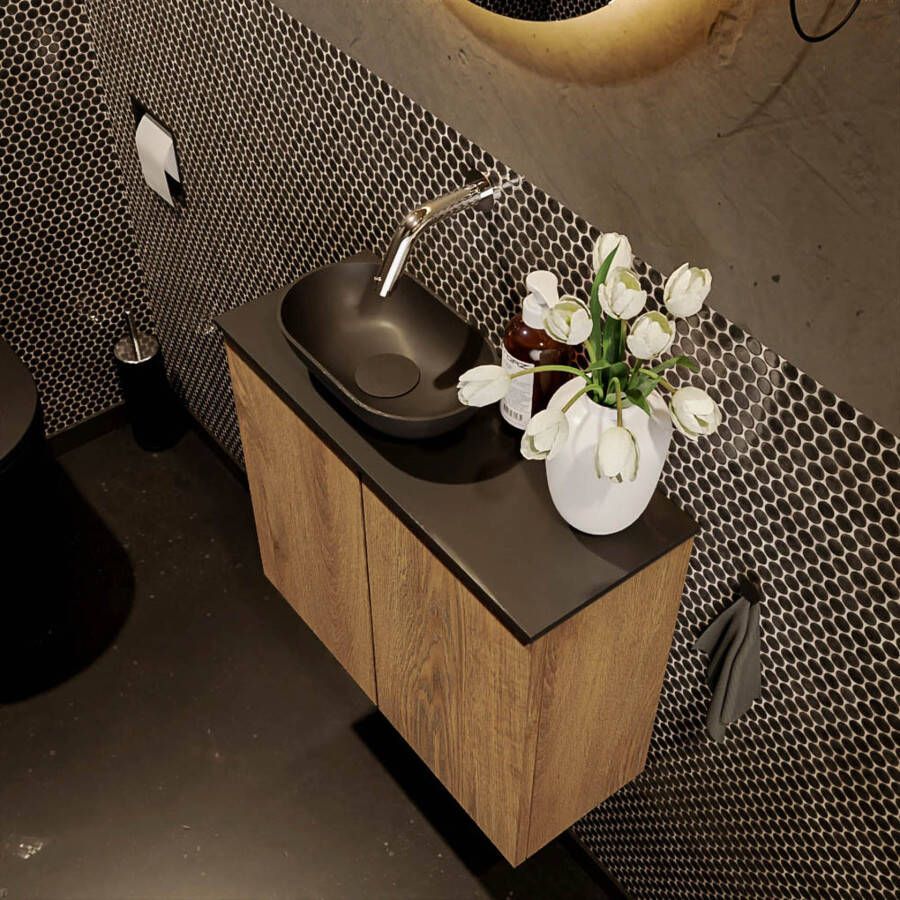 Mondiaz Fowy toiletmeubel 60cm washed oak met blad en waskom urban links zonder kraangat
