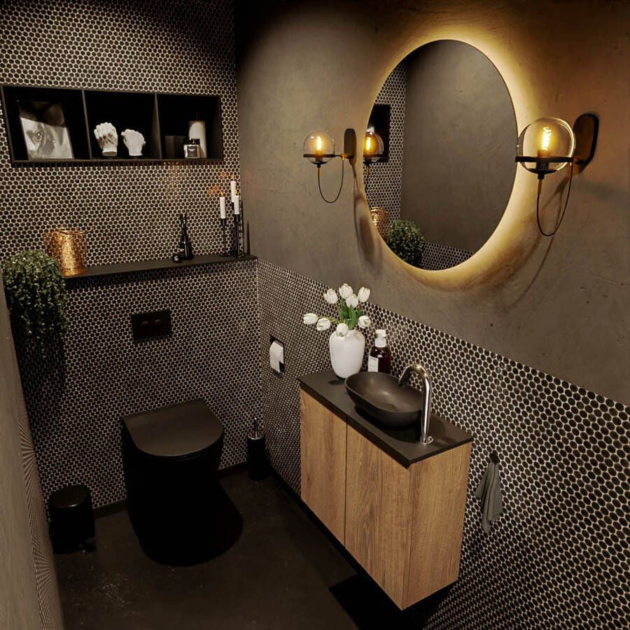 Mondiaz Fowy toiletmeubel 60cm washed oak met blad en waskom urban rechts 1 kraangat