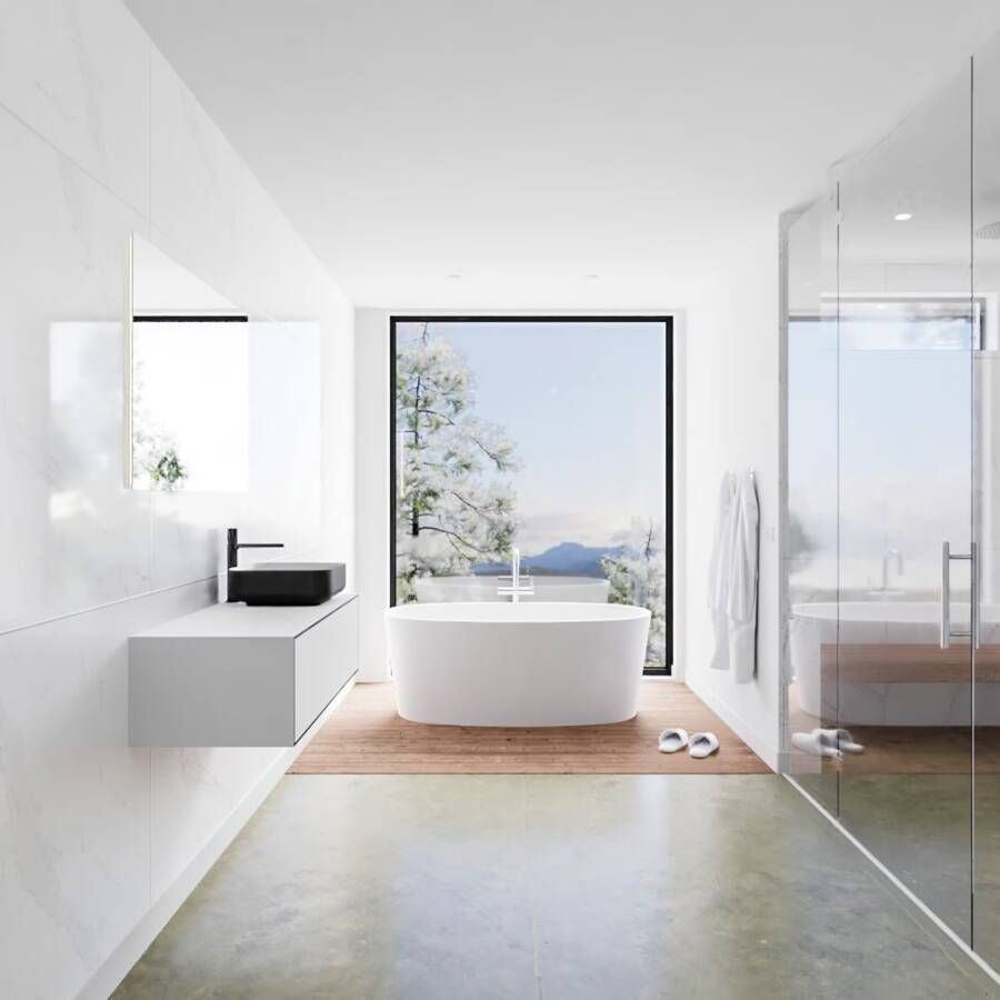 Mondiaz Lagom Binx Black badmeubel wit mat 100 cm 1 lade solid surface 1 waskom rechts 1 kraangat