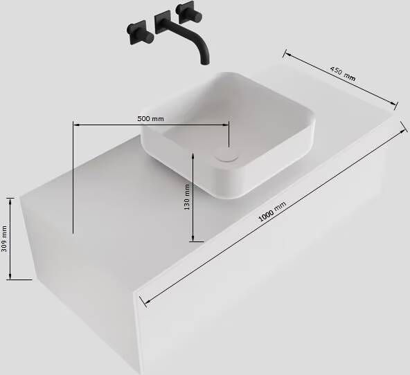 Mondiaz Lagom Binx White badmeubel wit mat 100 cm 1 lade solid surface 1 waskom midden 1 kraangat