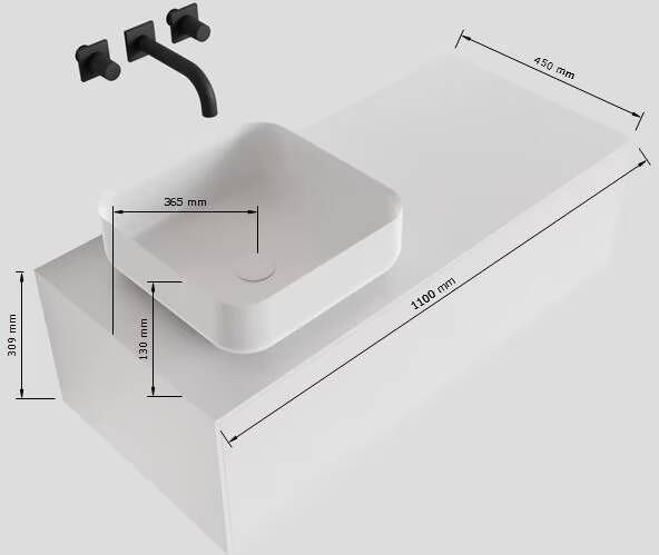 Mondiaz Lagom Binx White badmeubel wit mat 110 cm 1 lade solid surface 1 waskom links 1 kraangat