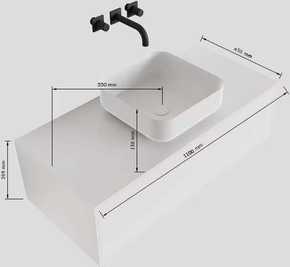 Mondiaz Lagom Binx White badmeubel wit mat 110 cm 1 lade solid surface 1 waskom midden 1 kraangat