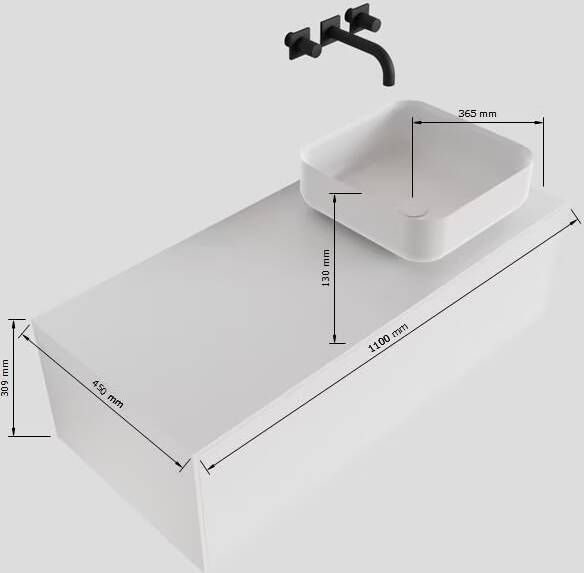 Mondiaz Lagom Binx White badmeubel wit mat 110 cm 1 lade solid surface 1 waskom rechts 1 kraangat