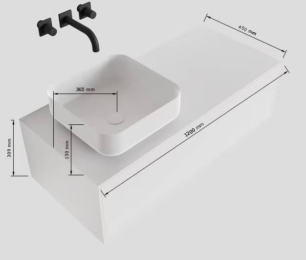 Mondiaz Lagom Binx White badmeubel wit mat 120 cm 1 lade solid surface 1 waskom links 1 kraangat