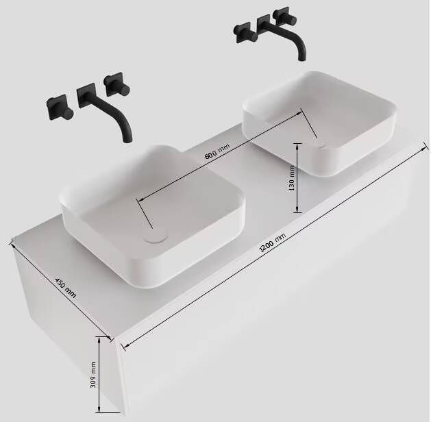 Mondiaz Lagom Binx White badmeubel wit mat 120 cm 1 lade solid surface 2 waskommen beide zijden 2 kraangaten