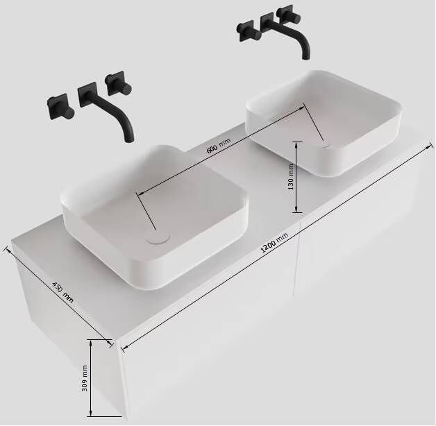 Mondiaz Lagom Binx White badmeubel wit mat 120 cm 2 lades solid surface 2 waskommen beide zijden 2 kraangaten