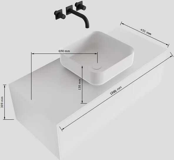 Mondiaz Lagom Binx White badmeubel wit mat 130 cm 1 lade solid surface 1 waskom midden 1 kraangat