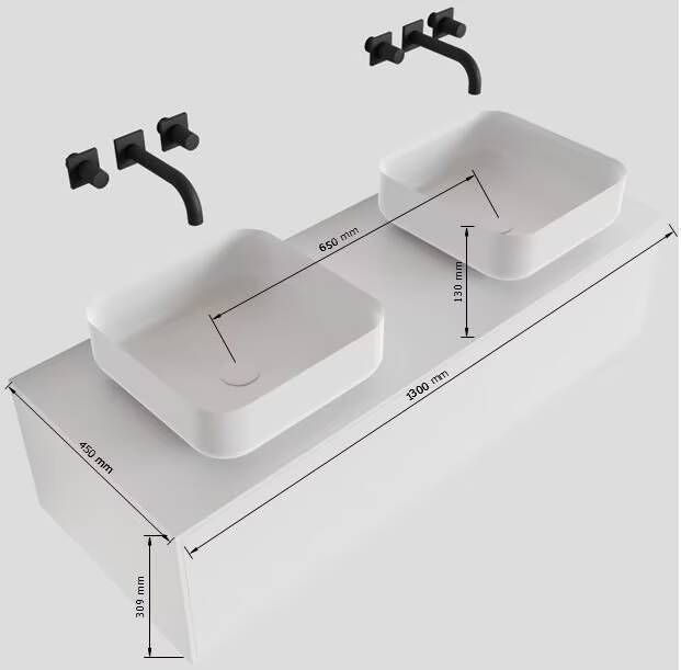 Mondiaz Lagom Binx White badmeubel wit mat 130 cm 1 lade solid surface 2 waskommen beide zijden zonder kraangat