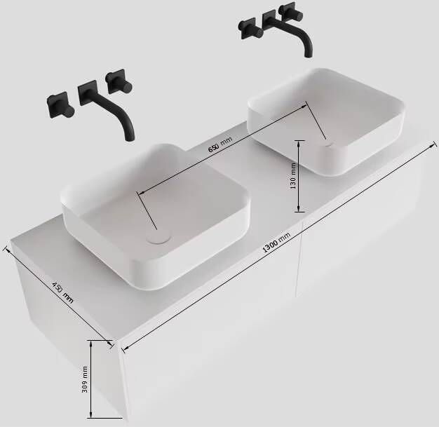 Mondiaz Lagom Binx White badmeubel wit mat 130 cm 2 lades solid surface 2 waskommen beide zijden 2 kraangaten