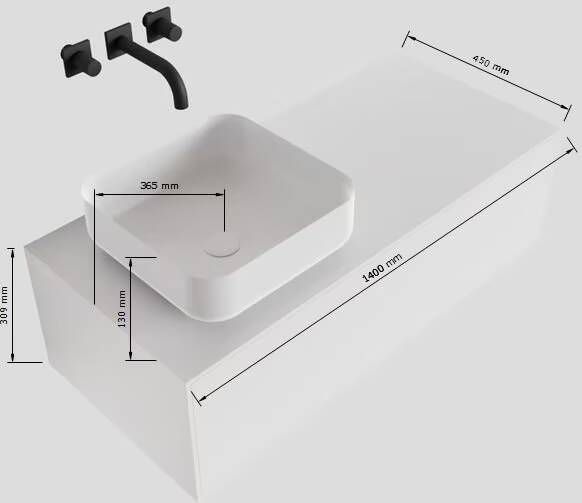 Mondiaz Lagom Binx White badmeubel wit mat 140 cm 1 lade solid surface 1 waskom links 1 kraangat