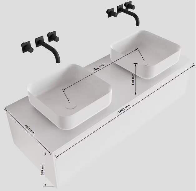 Mondiaz Lagom Binx White badmeubel wit mat 140 cm 1 lade solid surface 2 waskommen beide zijden 2 kraangaten