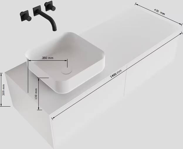 Mondiaz Lagom Binx White badmeubel wit mat 140 cm 2 lades solid surface 1 waskom links 1 kraangat