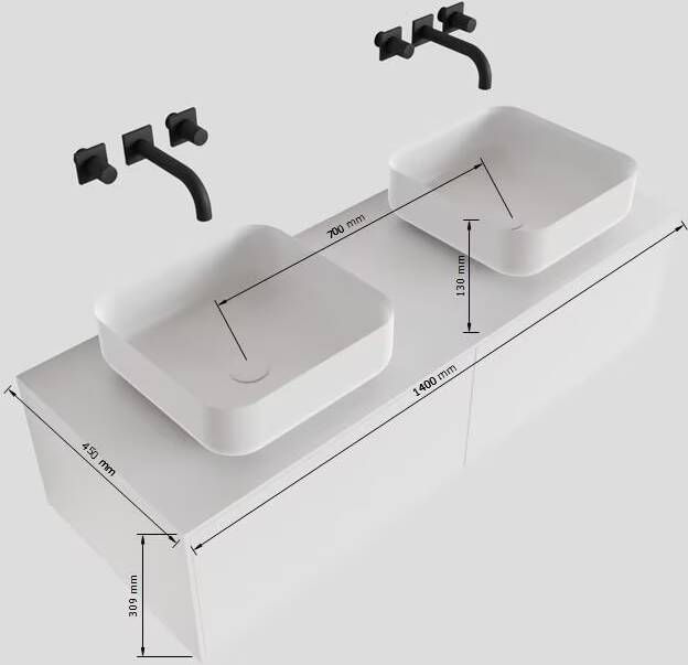 Mondiaz Lagom Binx White badmeubel wit mat 140 cm 2 lades solid surface 2 waskommen beide zijden 2 kraangaten