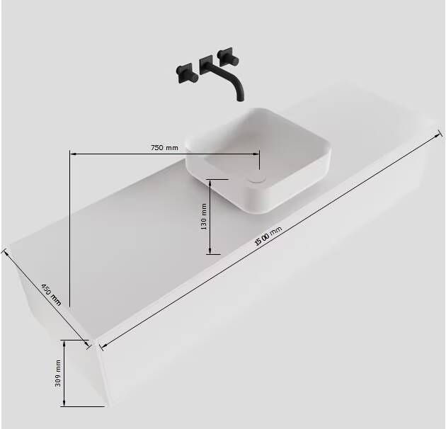 Mondiaz Lagom Binx White badmeubel wit mat 150 cm 1 lade solid surface 1 waskom midden 1 kraangat