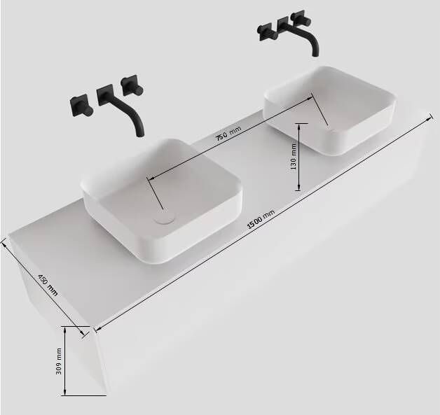 Mondiaz Lagom Binx White badmeubel wit mat 150 cm 1 lade solid surface 2 waskommen beide zijden 2 kraangaten