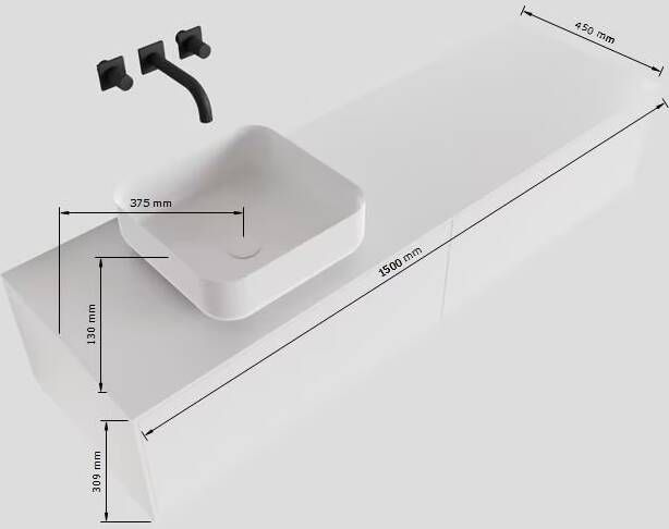 Mondiaz Lagom Binx White badmeubel wit mat 150 cm 2 lades solid surface 1 waskom links 1 kraangat