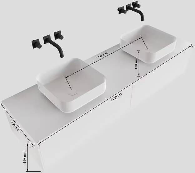 Mondiaz Lagom Binx White badmeubel wit mat 150 cm 2 lades solid surface 2 waskommen beide zijden 2 kraangaten