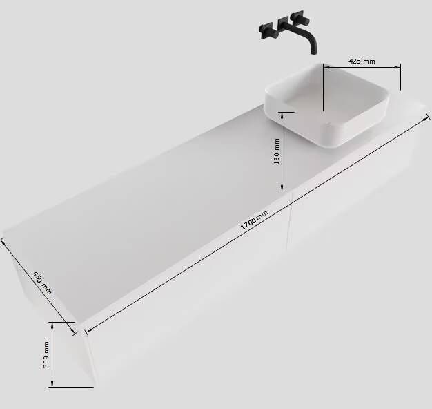 Mondiaz Lagom Binx White badmeubel wit mat 170 cm 2 lades solid surface 1 waskom rechts 1 kraangat