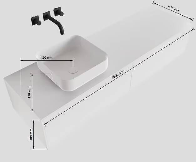 Mondiaz Lagom Binx White badmeubel wit mat 180 cm 2 lades solid surface 1 waskom links 1 kraangat